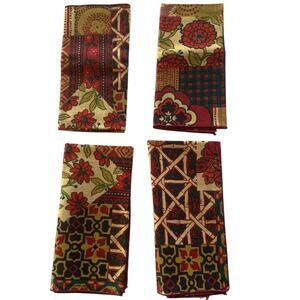 Set of 4 Boho Fabric Napkins Floral Check Gold Green Red Black Vintage 90s